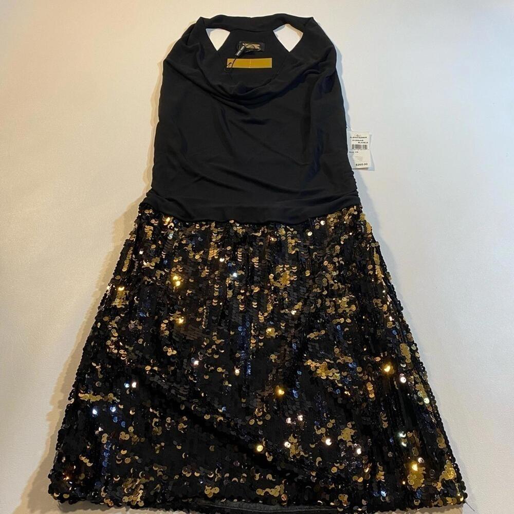 NWT $265 Alexia Admor Size XS Black & Gold Sequin Cowl Neck Party Dress